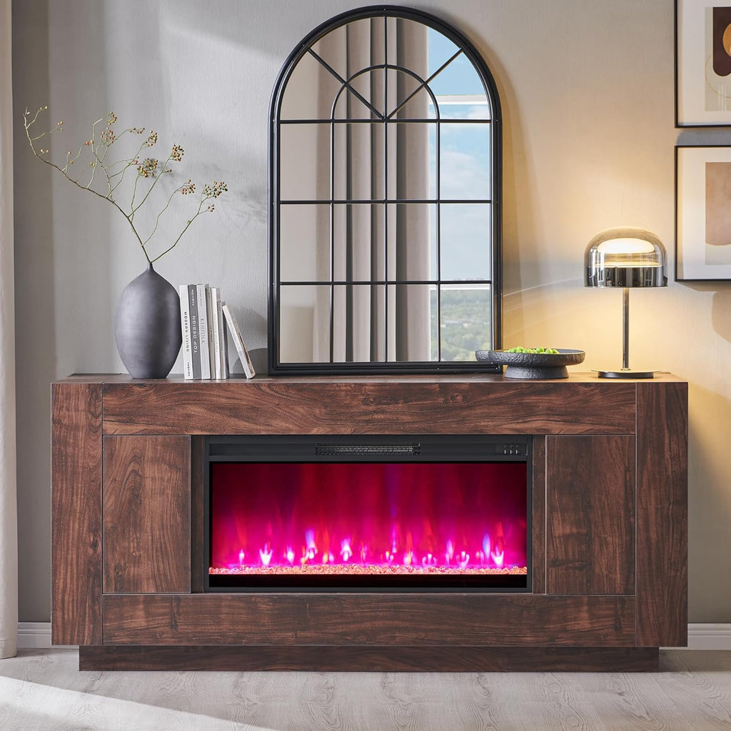 70 Inch Modern Fireplace TV Stand with 36 Inch Electric Fireplace, Entertainment Center for TVs up to 80 Inches, Media Console with Side Cabinets, Dark Walnut