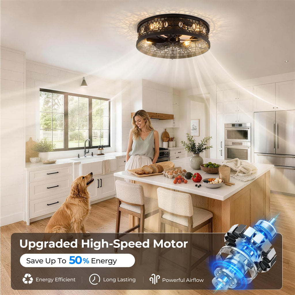 2026 Upgrade Caged Ceiling Fans with Lights, 18" Flush Mount Ceiling Fan with Remote, Low Profile Crystal Fandelier