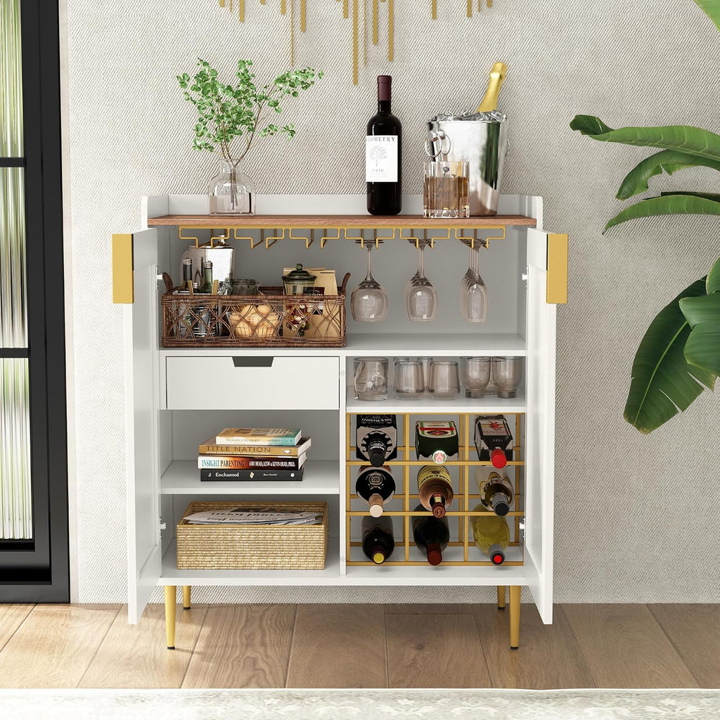 Wine Bar Cabinet with Fluted Texture, White | Modern Coffee Cabinet with Wine Rack&Glass Holder, Kitchen Buffet