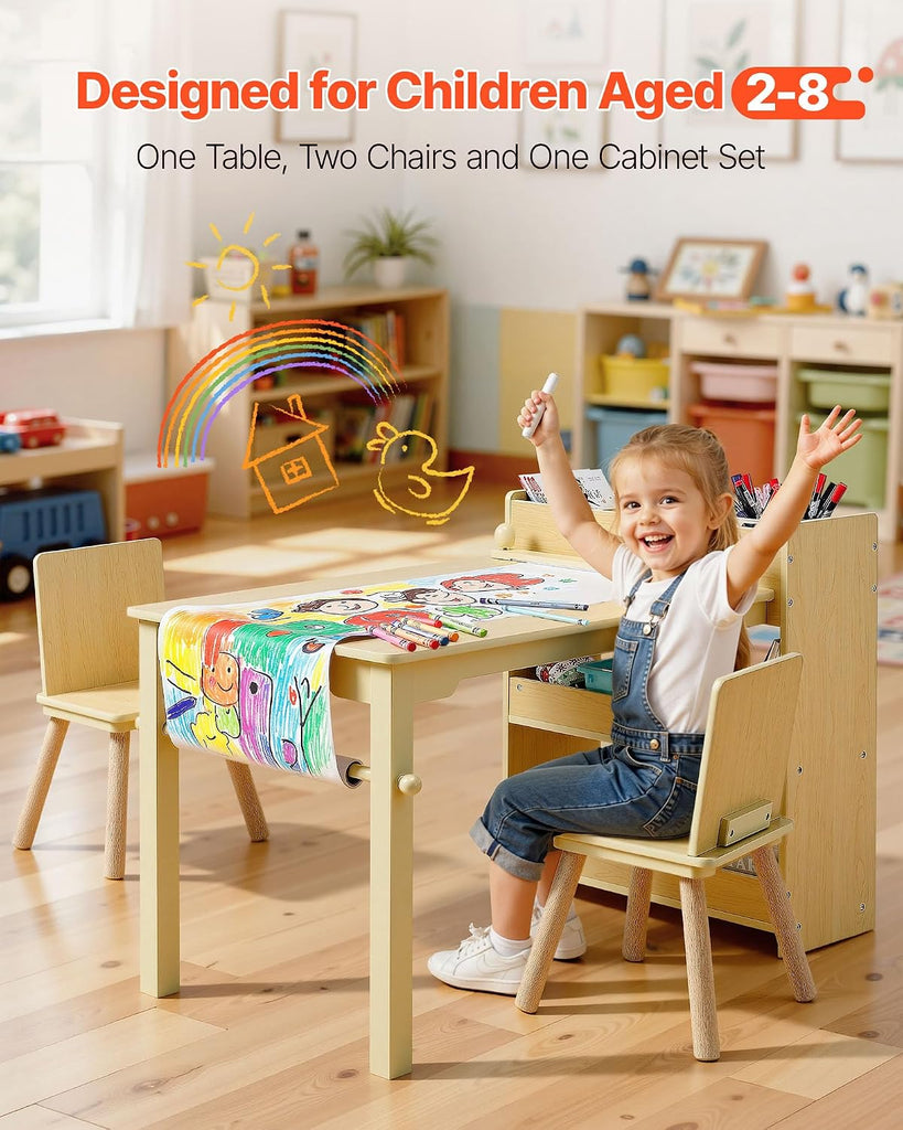 Kids Art Table and Chair Set, Toddler Activity Table with Storage, Wood Kids Craft Desk with Paper Roll for Drawing