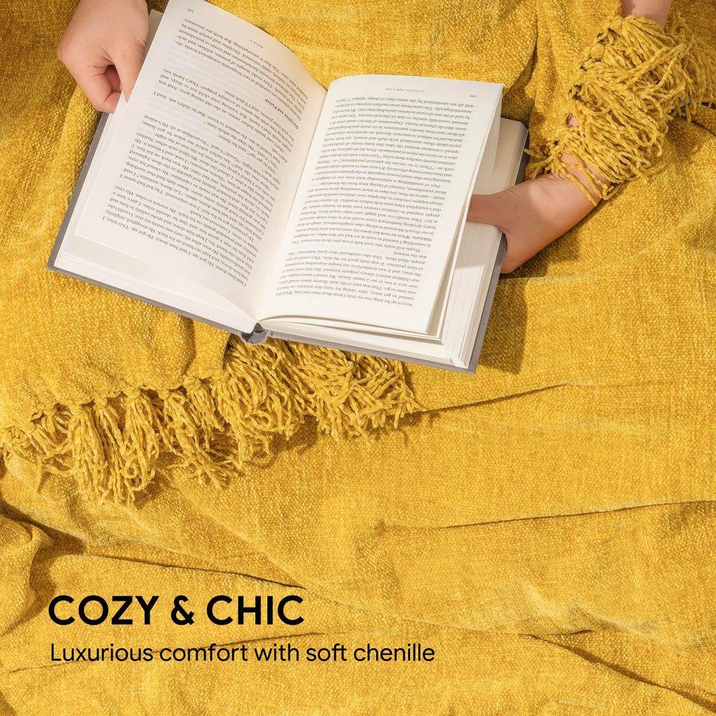 Chenille Throw Blanket for Couch, 50"x60", Mustard Yellow