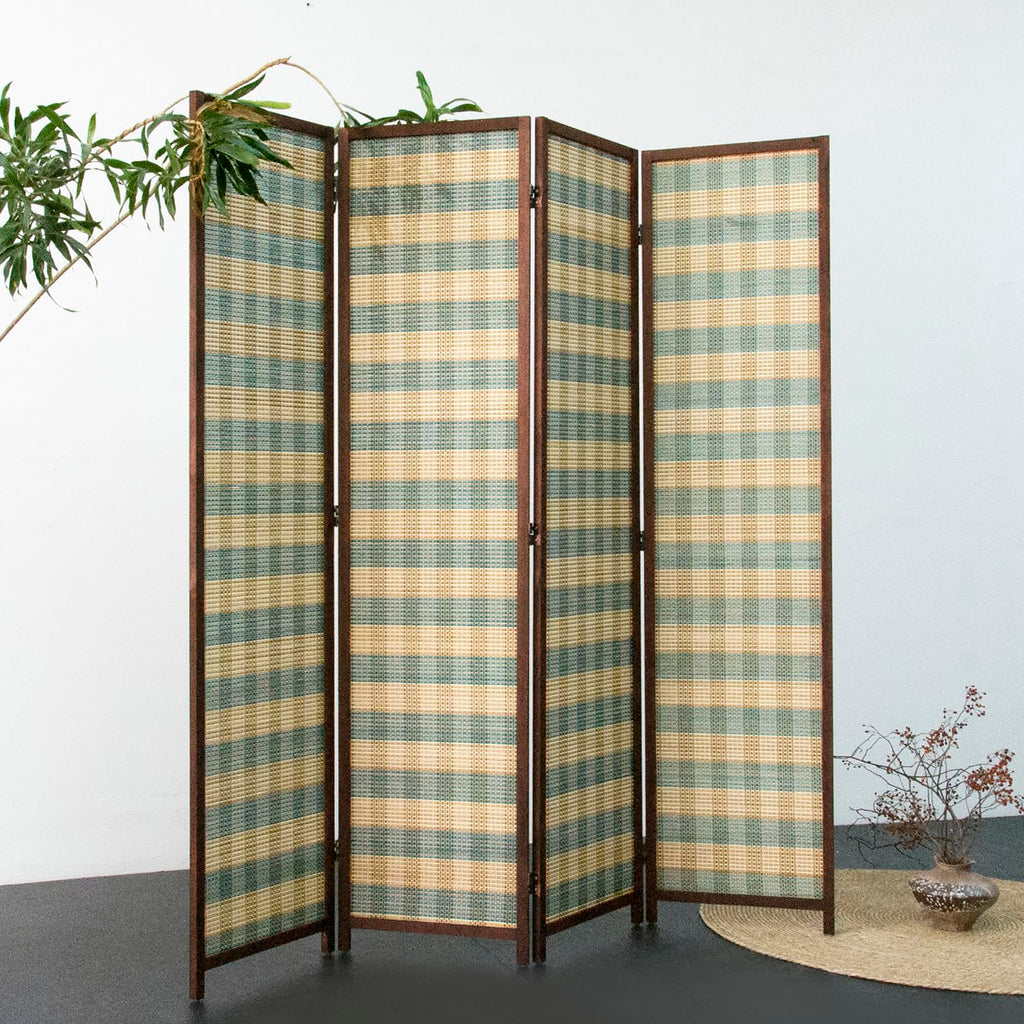 4 Panel Bamboo Room Divider, Blue Stripe Folding Privacy Screen