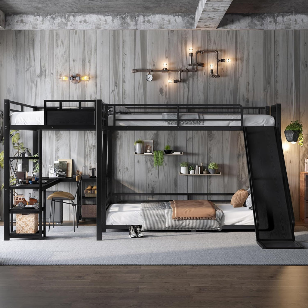Twin XL Over Queen L Shaped Bunk Bed with Twin Loft Bed, Heavy Duty Metal Triple Bunk Bed with Slide