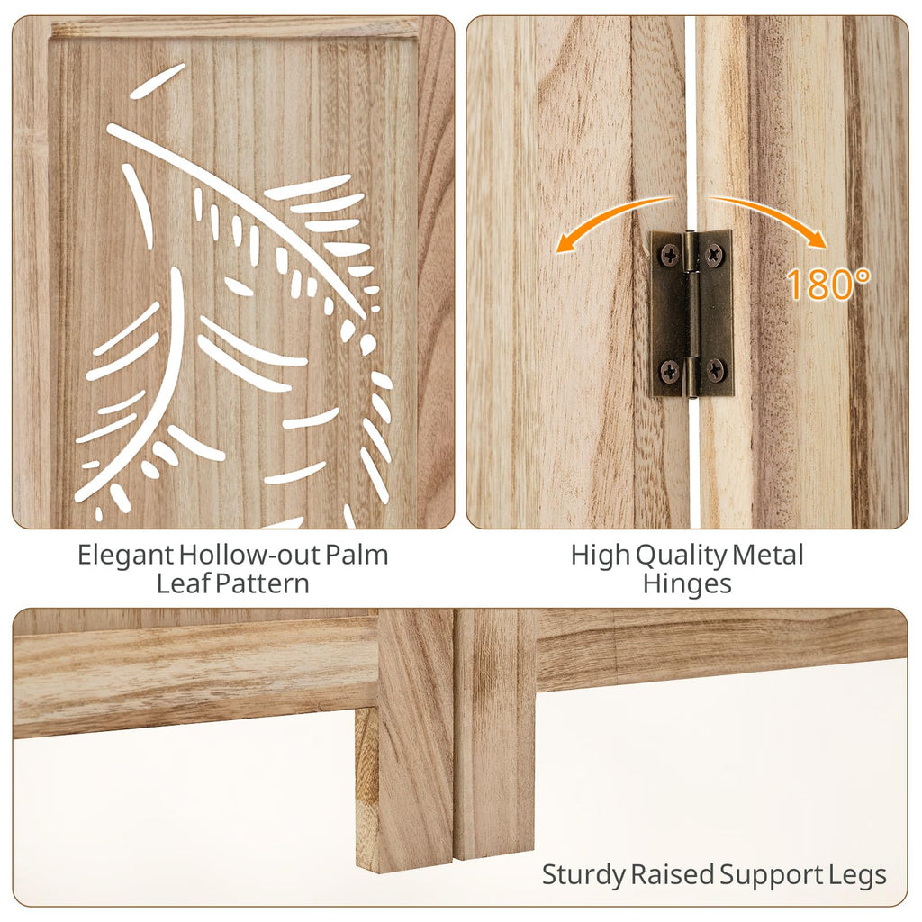6 Panel Boho Room Divider with Carved Palm Leaf Pattern, Natural