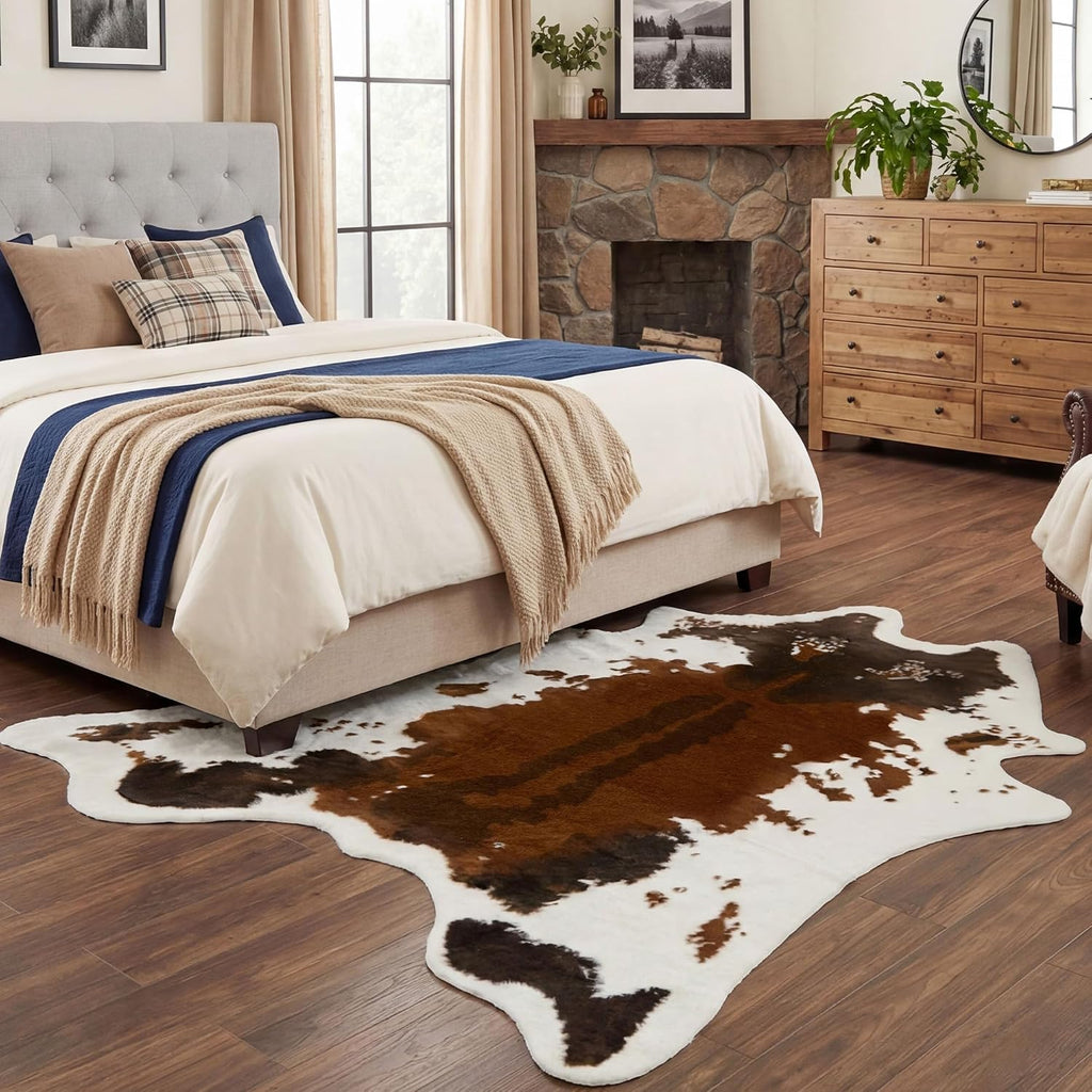 Large Durable Faux Cowhide Area Rug 4.9 x 6.56 Feet, Premium Cow Print Rug Bedroom, Durable Faux Fur Animal Cow Hide