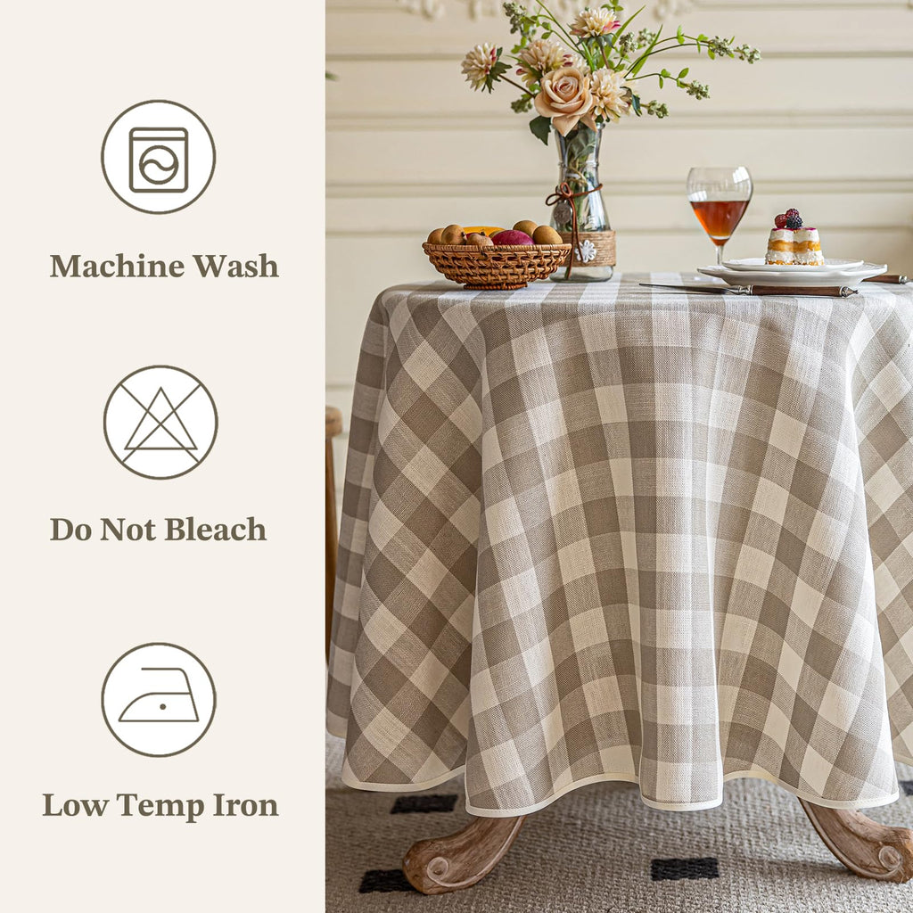 Beige Gingham Round Tablecloth 60 Inch, Checkered Circle Table Cloth Washable Wrinkle Free, Cotton Linen Buffalo