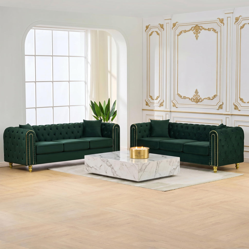 Chesterfield 2 Piece 86" Green Sofa Sets, 3+2-Seater Couch Comfy Sofa, Button Tufted Rolled Arms and Gold Legs for