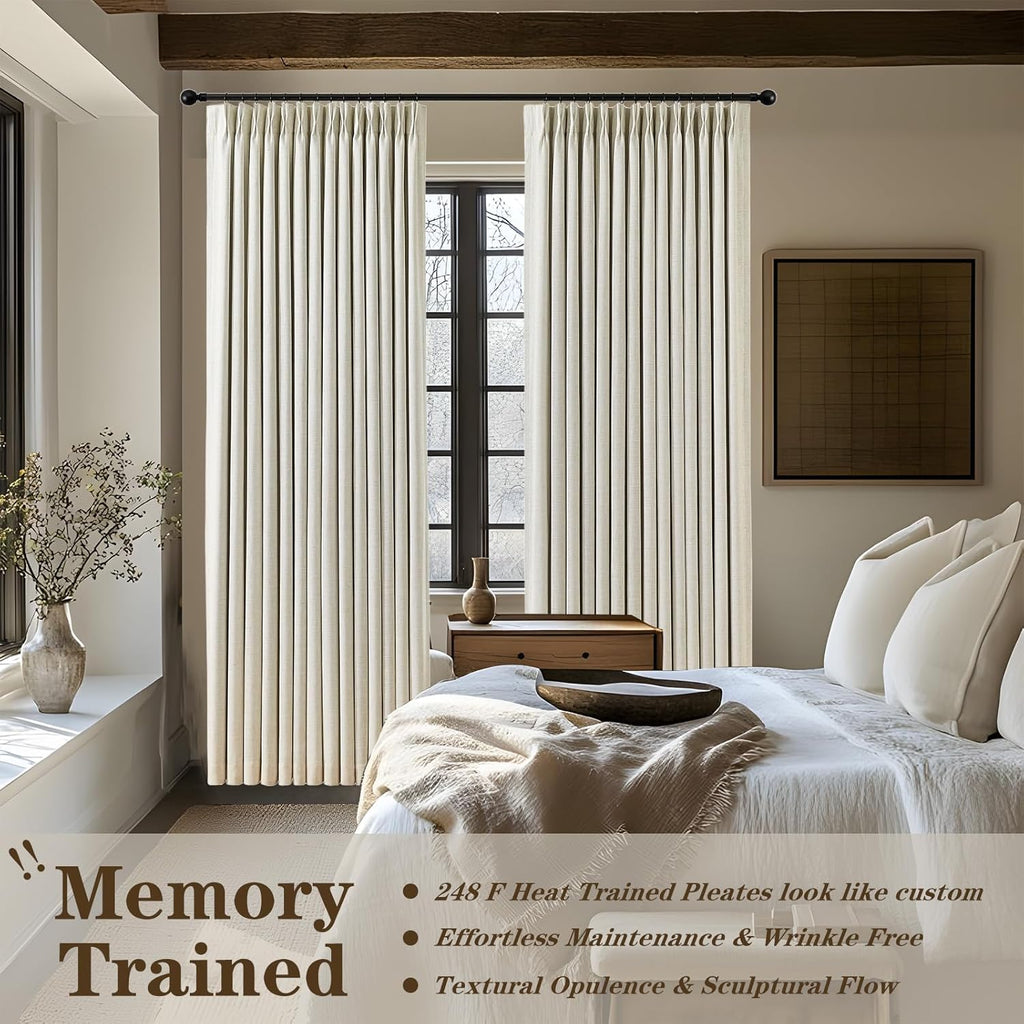 Natural Pinch Pleated 100% Blackout Linen Curtains 90 Inch Length, Black Out Pinch Pleat Curtains for Living Dining