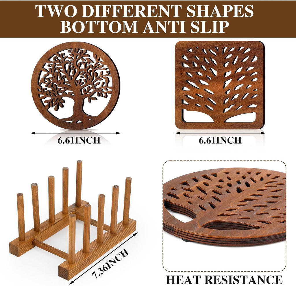 Life Tree Wooden Trivets with Storage Rack Hot Pads Trivets for Hot Dishes Pots and Pans Heat Resistant Mat Set - Set of 5