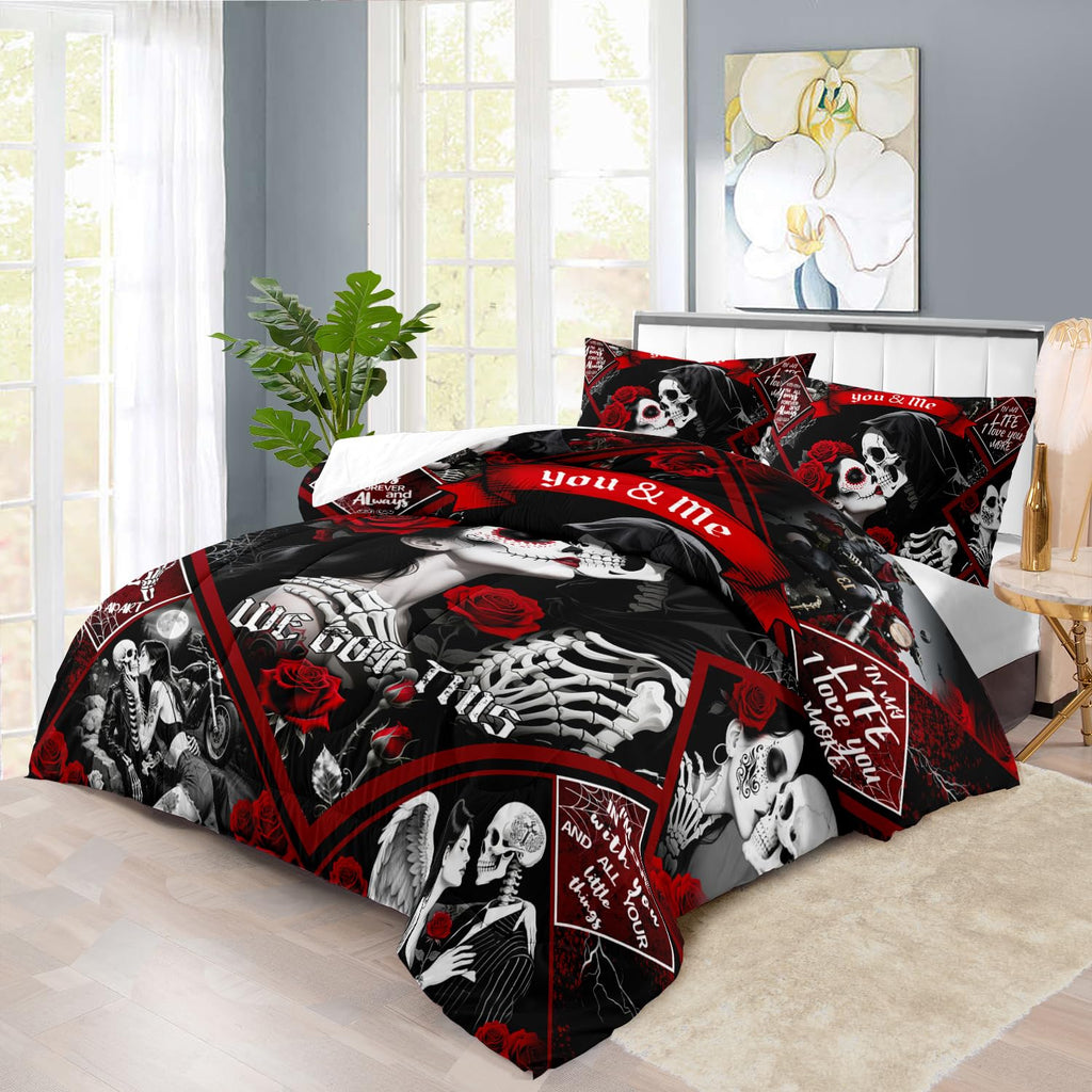 Red Skull Comforter Set Full Size Women Men Black Goth Bedding Set GirlsGothic Full Size Comforter Couple Red Rose