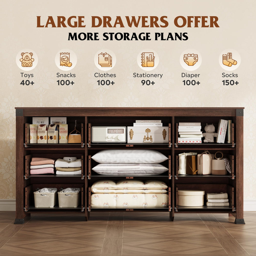 Brown Dresser, 9 Drawer Wooden Chest of Drawers with SGS-Tested Anti-Tip Design, 62 Inch Wide Rustic Dresser TV