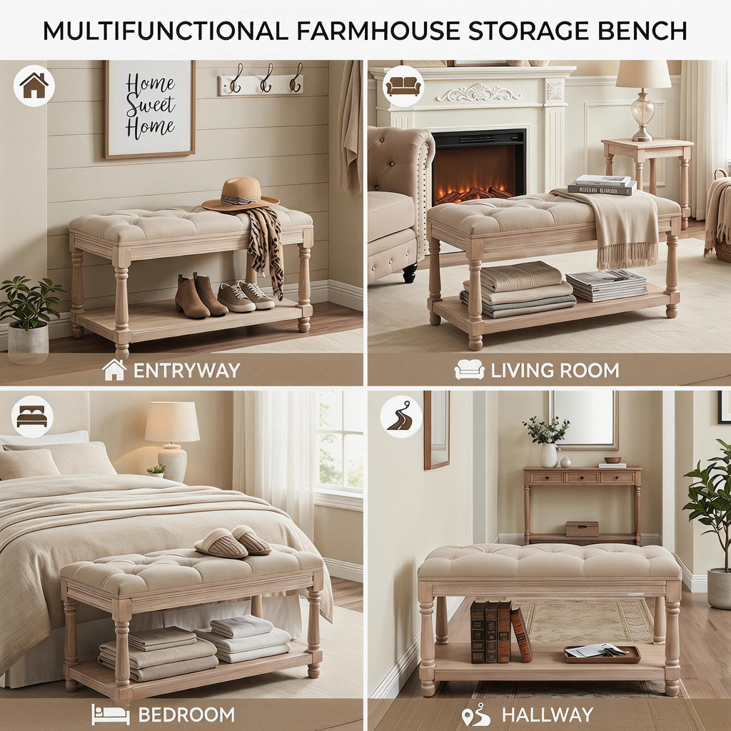 Storage Bench 31.5" W Button Tufted Small Entryway Bench with Wooden Shoes Rack End of Bed Bench with Fabric Linen
