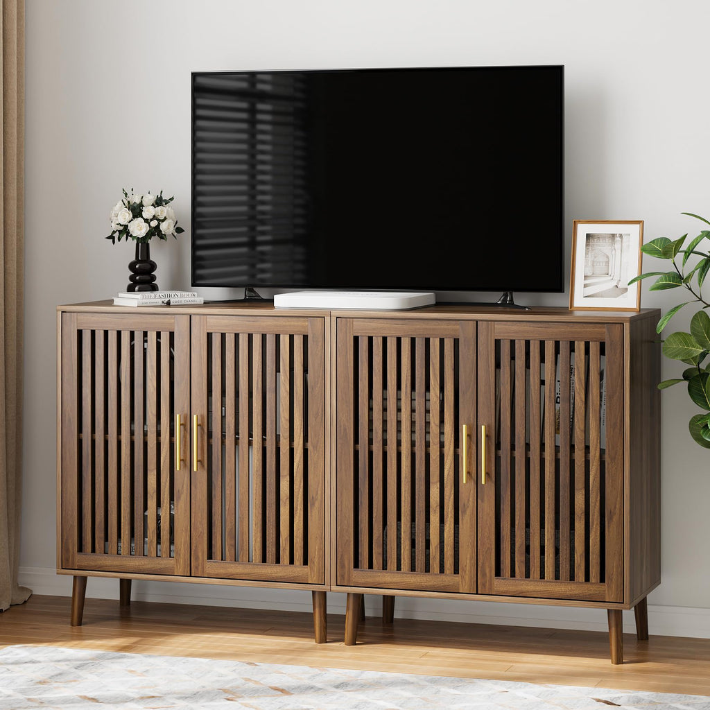 Buffet Cabinet with Storage Walnut Sideboard with Grille Doors&Adjustable Shelf, Wood Coffee Bar Storage Cabinet