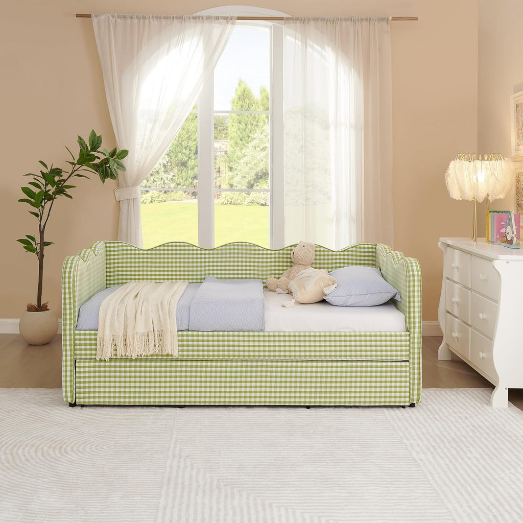 Twin Size Upholstery Daybed with Trundle and USB, Twin to King Design Adorable Wave Shaped Extendable Linen Sofa Bed