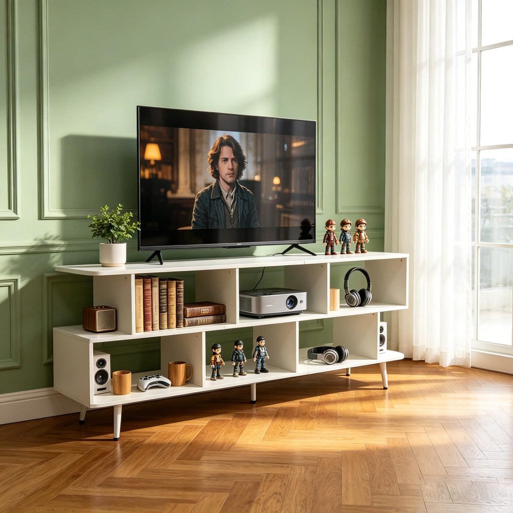 65" White TV Stand with Power Outlet for TVs up to 75", Large Entertainment Center with 8 Open Shelves, Media Console