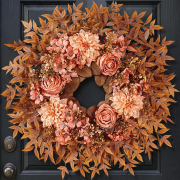 26" Artificial Silk Rose Dahlia Flower Wreath for Front Door (Fall Orange)