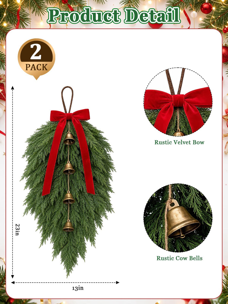 2 Pcs Christmas Teardrop Swag, Artificial Pine Greenery Door Swag