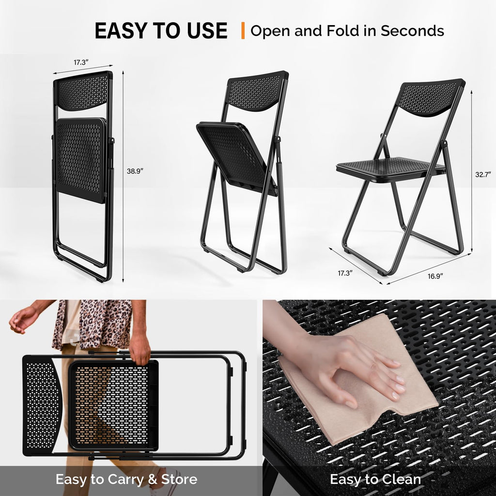 Plastic Folding Chairs, Comfortable Foldable Chair with Breathable Mesh Seat and Sturdy Metal Frame 350lbs Capacity