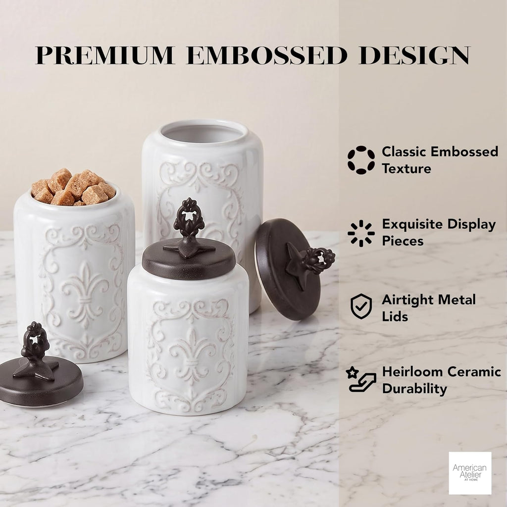 Ceramic Kitchen Canister Set Fleur De Lis w/ Lids - Set of 4