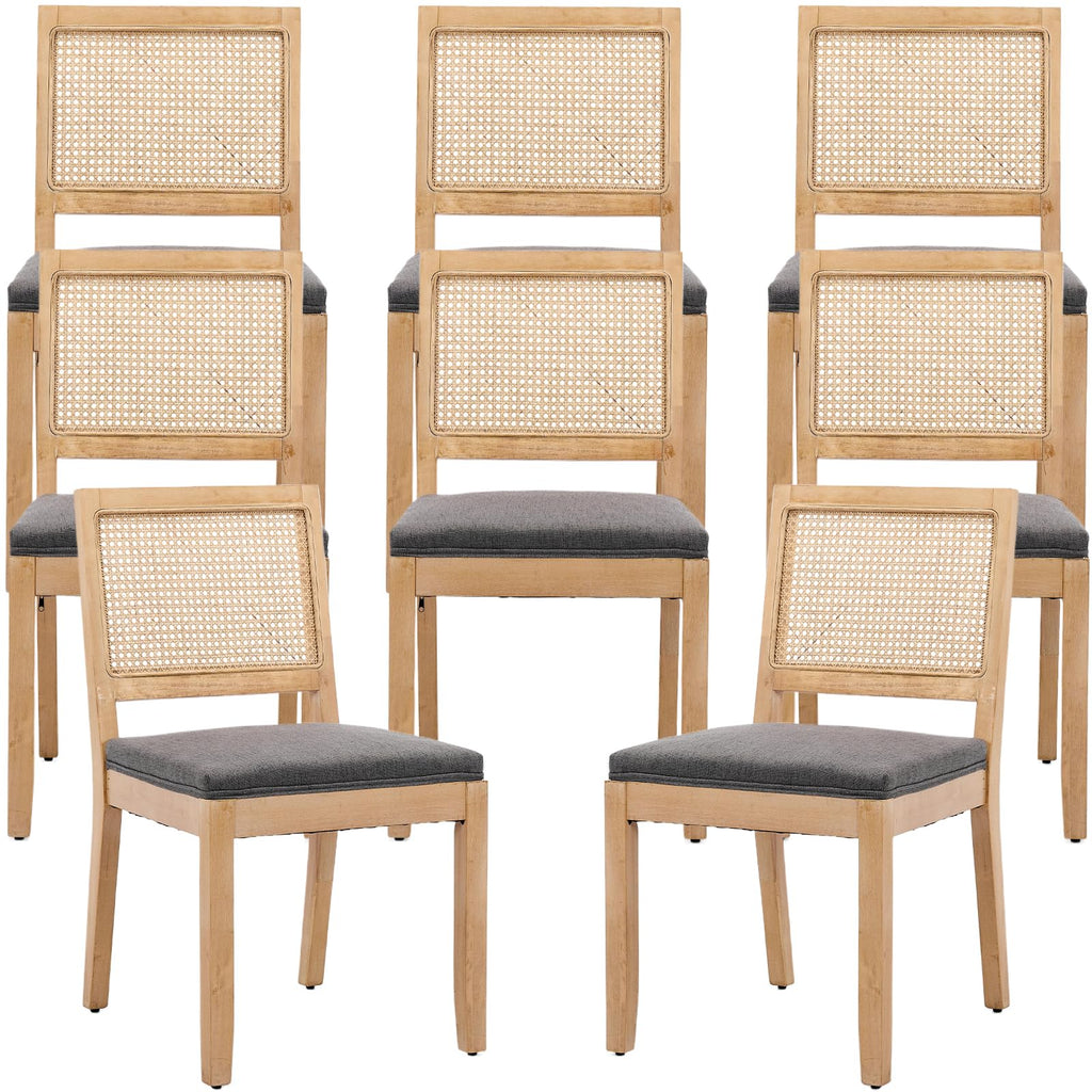 French Country Dining Chairs Set of 8, Grey Modern Kitchen & Dining Room Chairs, Rattan Dining Chair with Linen