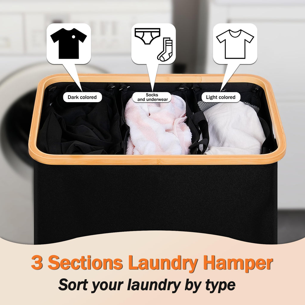 Laundry Hamper 3 Section with lid and 3 Removable Bags, Black