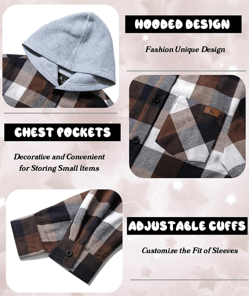 Boys Plaid Flannel Shirts Unisex Kids Long Sleeve Casual Button Down Shirt with Hood
