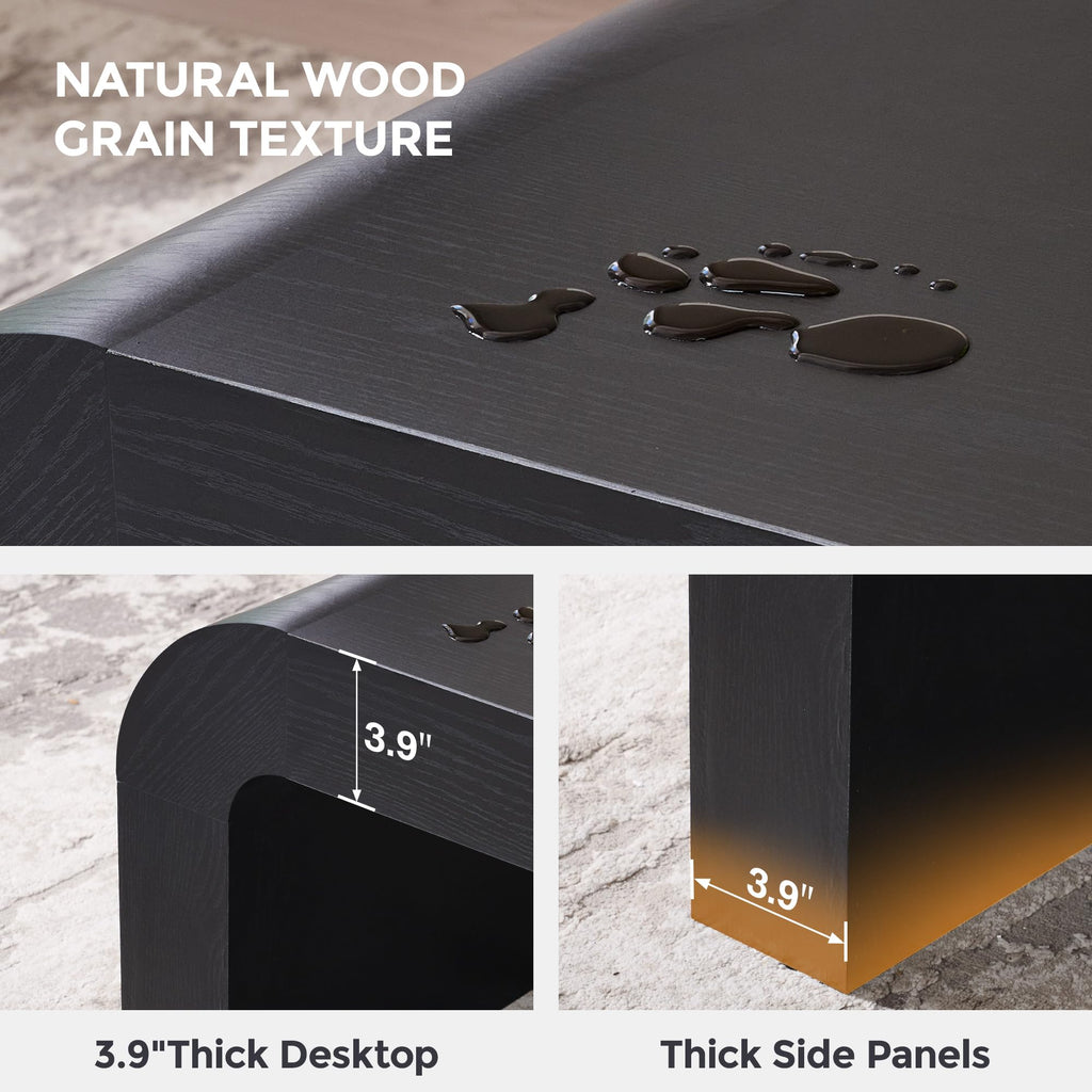 48" Modern Curved Coffee Table, Wood Minimalist Center Table, Black