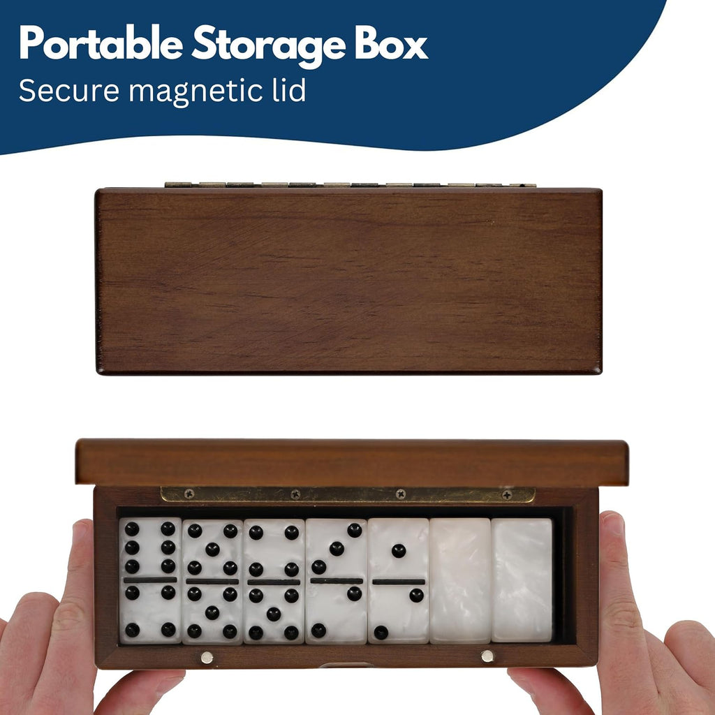 Double 6 Marbleized Dominoes in Magnetic Wooden Travel Box, Dominoes Set for Adults, White Color Double Six Domino