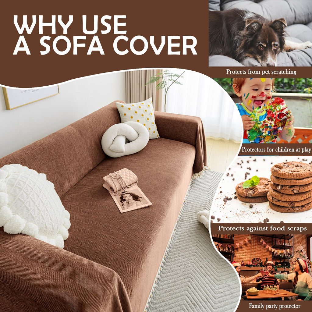 Boho Style Sofa Cover with Tassels, Washable & Non-Slip Couch Cover for 3 Cushion Sofa, Herringbone Pattern