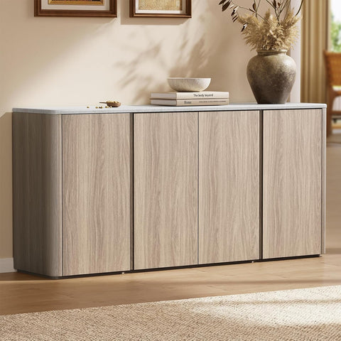 67" Sideboard Buffet Cabinet with Faux Travertine Texture, Storage Credenza with 4 Doors & Adjustable Shelves