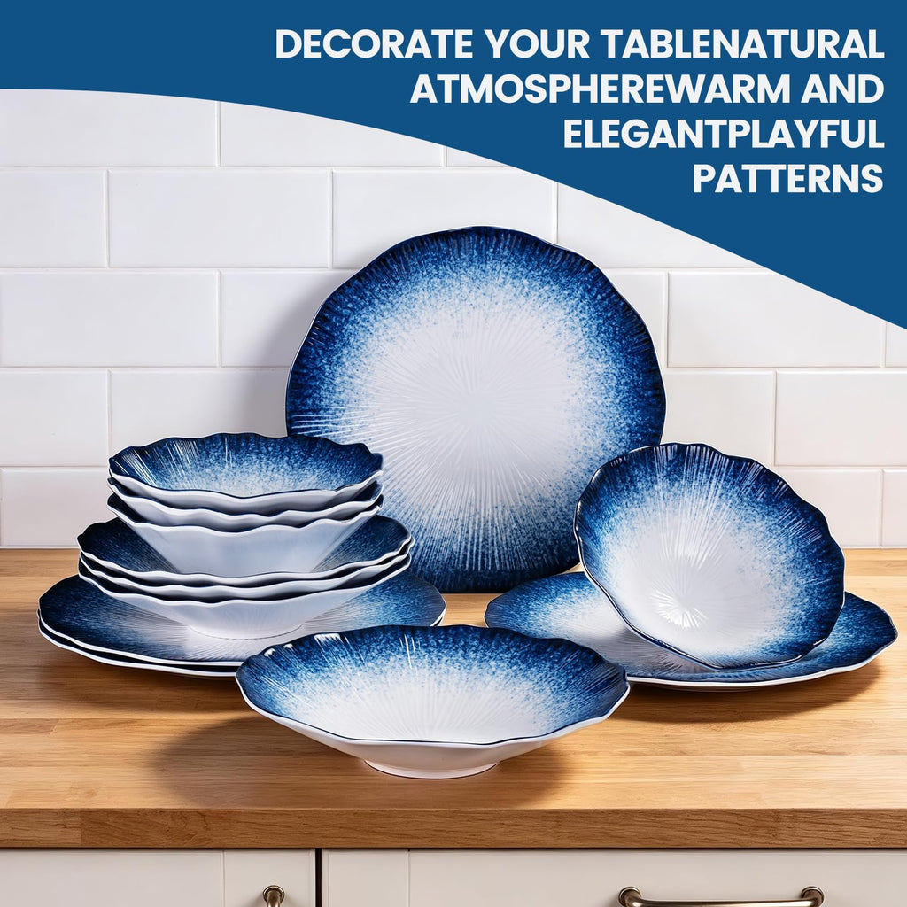 Blue Melamine Dinnerware Sets,12 Piece Service 4,coastal-style dining