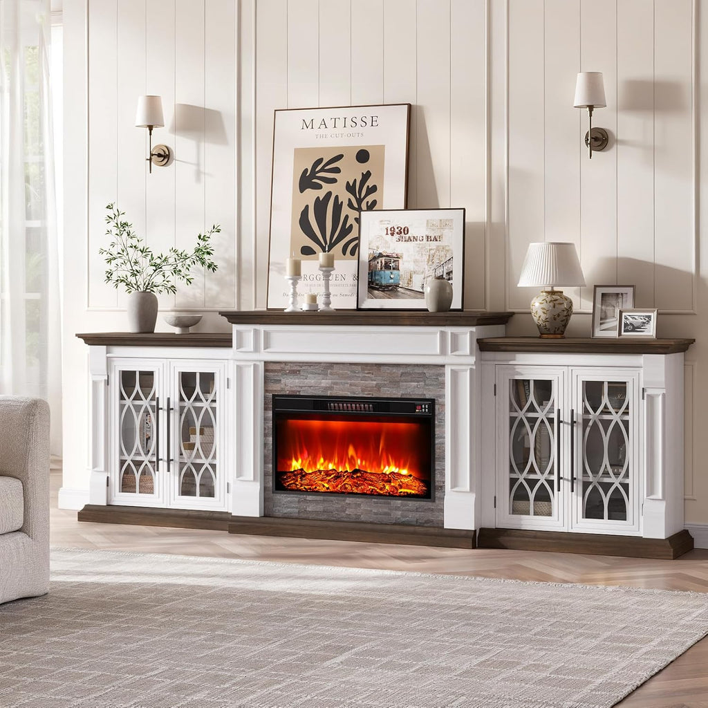 104 Inch Fireplace TV Stand for TVs up to 100 Inches, Entertainment Center with Storage and Mantel, Electric Fireplace Insert with 3D Flame Effect