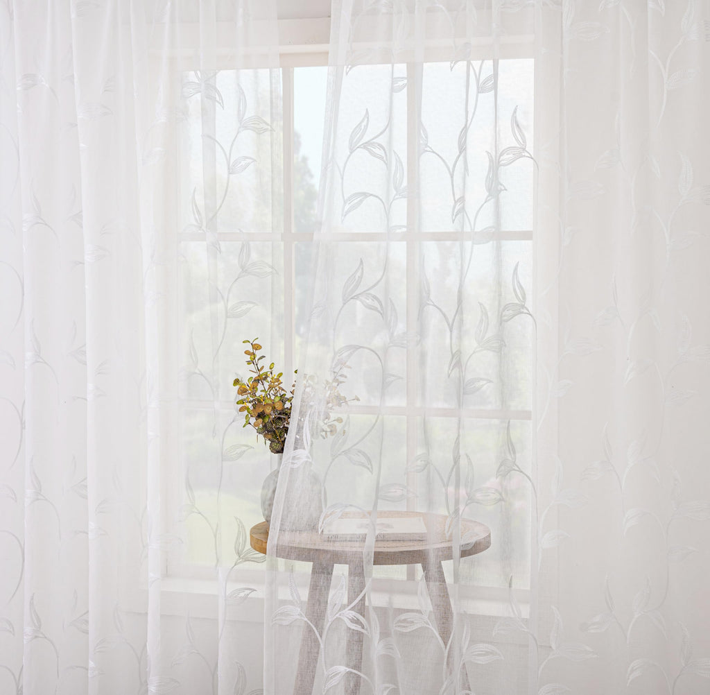 White Sheer Curtains Boho Leaf Floral Embroidered 54Wx102L