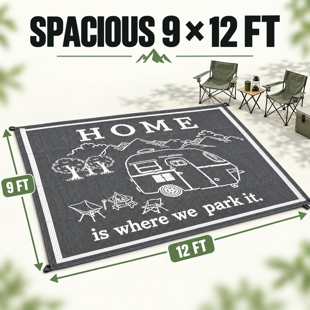 9x12 FT RV Outdoor Rug - Home is Where We Park It Reversible Camper Mat - Waterproof Plastic Straw Camping Rug with