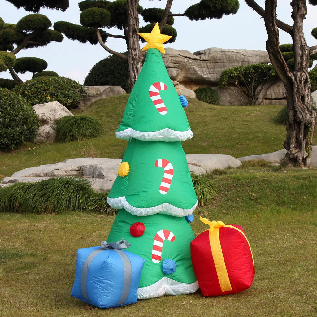 6FT H Adorable Christmas Inflatable Tree with Two Gift Gags with Build-in LED Lights, Blow up Christmas Tree Outdoor