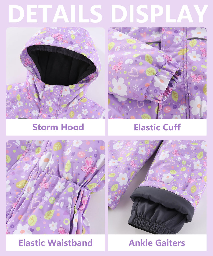 Girls Floral One Piece Overall Snowsuit Winter Warm Ski Suit Lavender Blooms