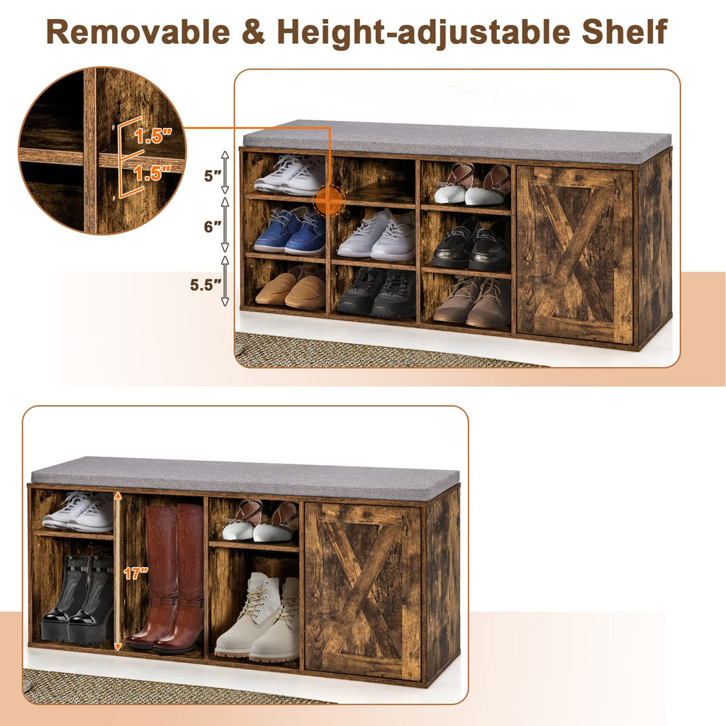 9 Cubes Shoe Bench with Storage, Adjustable Shelves Storage Bench Rack with Removable Padded Cushion, 3 Tier Shoe