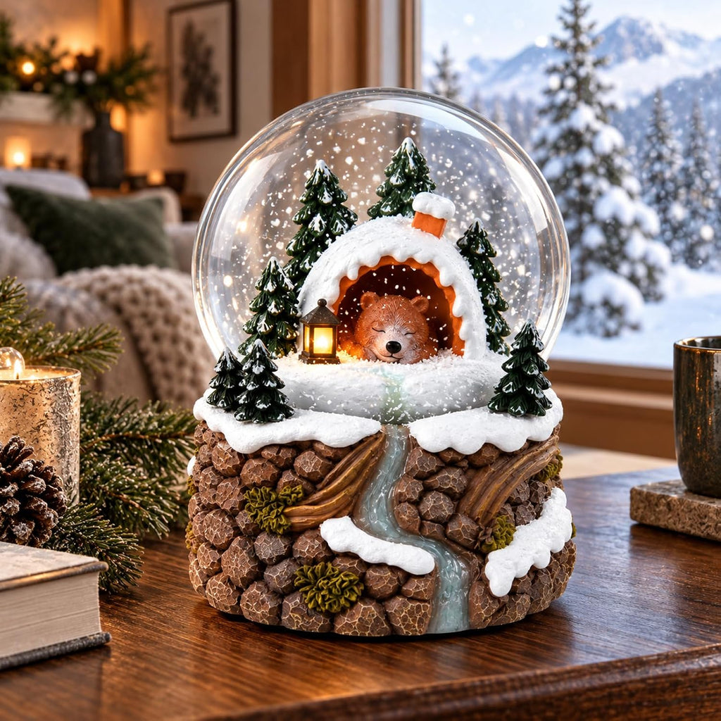 Musical Snow Globe with Light, Bear Winter Snow Globe Music Box Playing Winter Wonderland, Hand-Shake Floating Snow