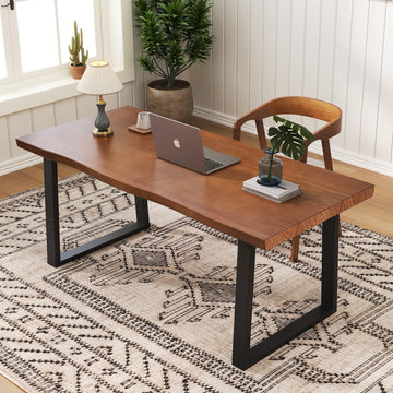 47" Solid Wood Live Edge Computer Desk - Rustic Vintage Industrial Brown Work Desk, Modern Minimalist Home Office
