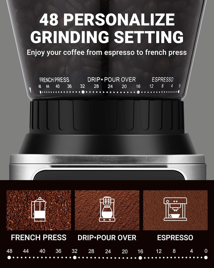 Burr Coffee Grinder, 48 Settings, Less Static Mess, Metallic Silver | 40mm Burr, Low Retention, 0.5s LED Timer