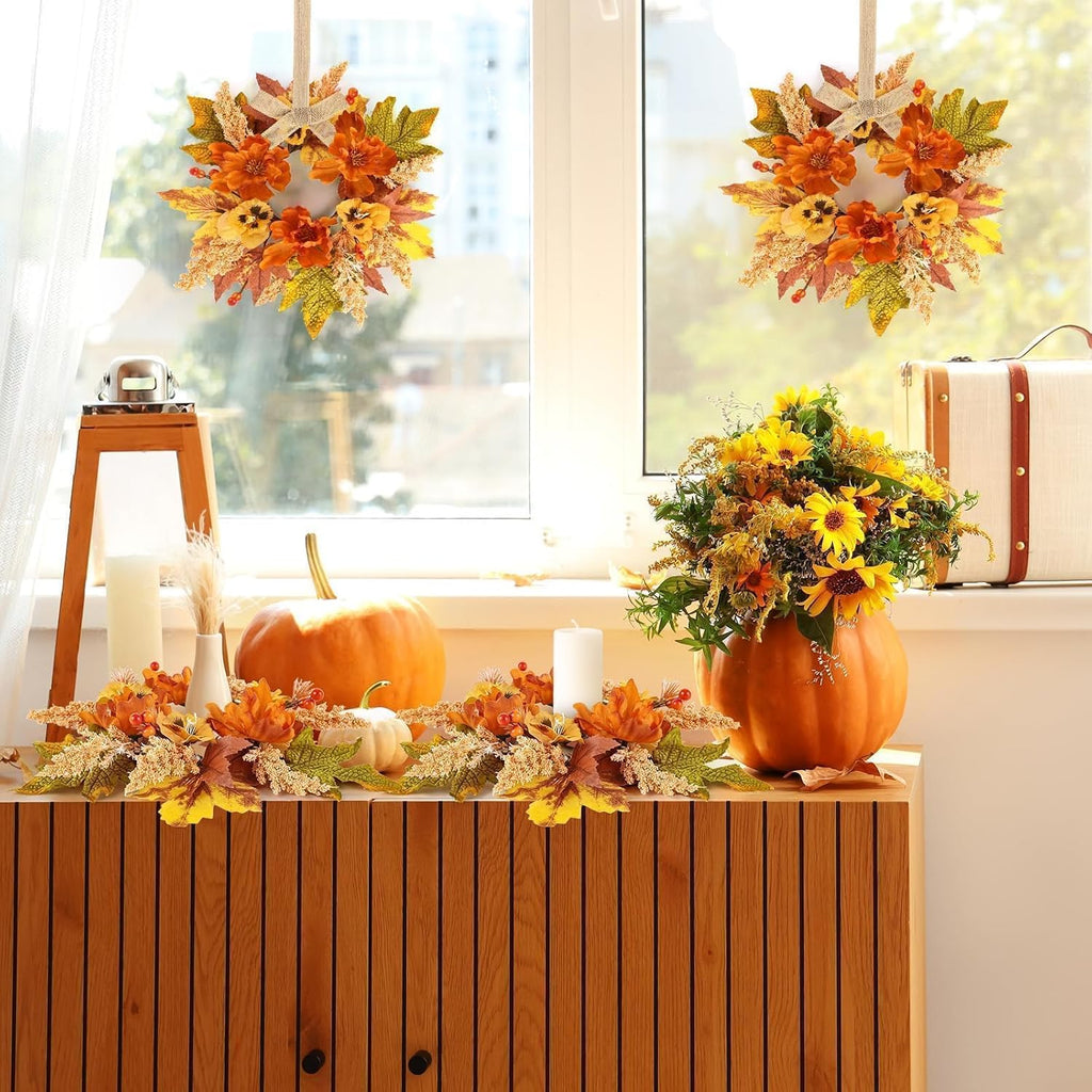 Fall Wreath Cabinets Artificial Flower Door Wreath Autumn Table Centerpiece Farmhouse Hanging Floral Rings - Set of 6