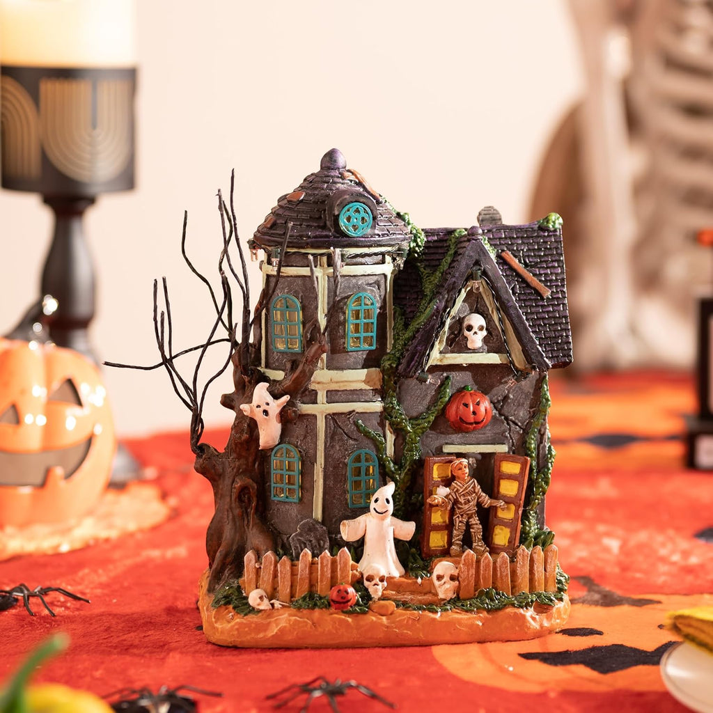 Halloween Decorations, Lighted Halloween Village Houses with Music and LED Lights, Resin Spooky Town Mummy's Haunted