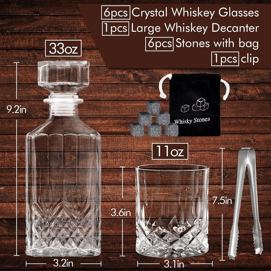 Whiskey Decanter Set for Men, Whiskey Glasses and Decanter with Cooling Stones Clear Glass Whisky Liquor Decanter Set - Set of 7