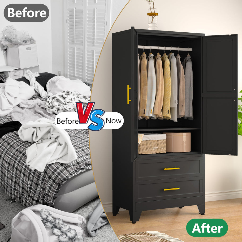 71" Metal Armoire Wardrobe Closet, Tall Clothing Storage Cabinet, Black