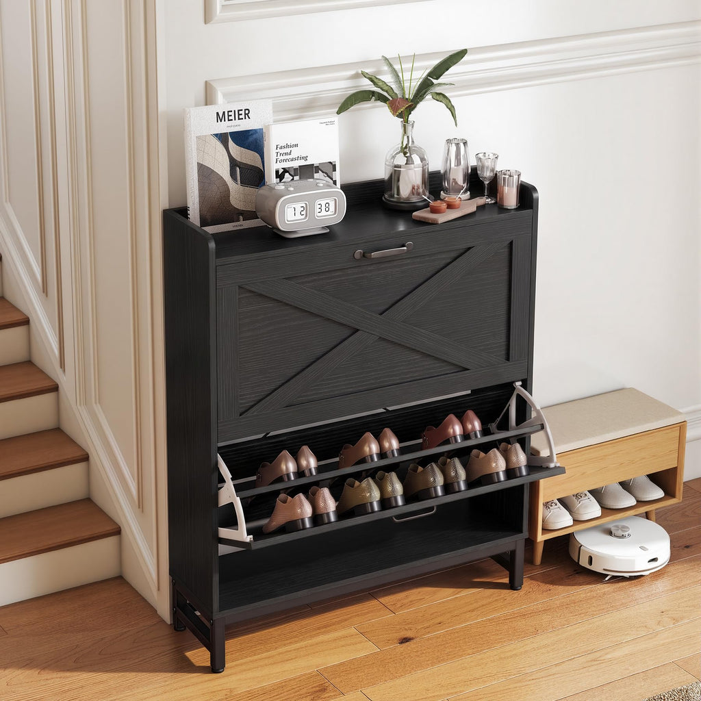 Rustic Farmhouse Shoe Cabinet with 2 Flip Drawers