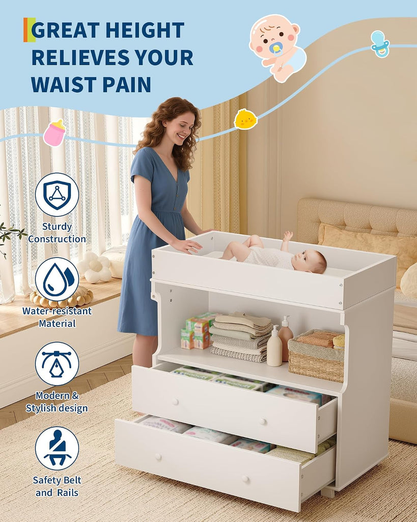 Baby Changing Table with Drawer and Storage Shelves | Heavy Duty Diaper Station , White Wooden Changing Table with
