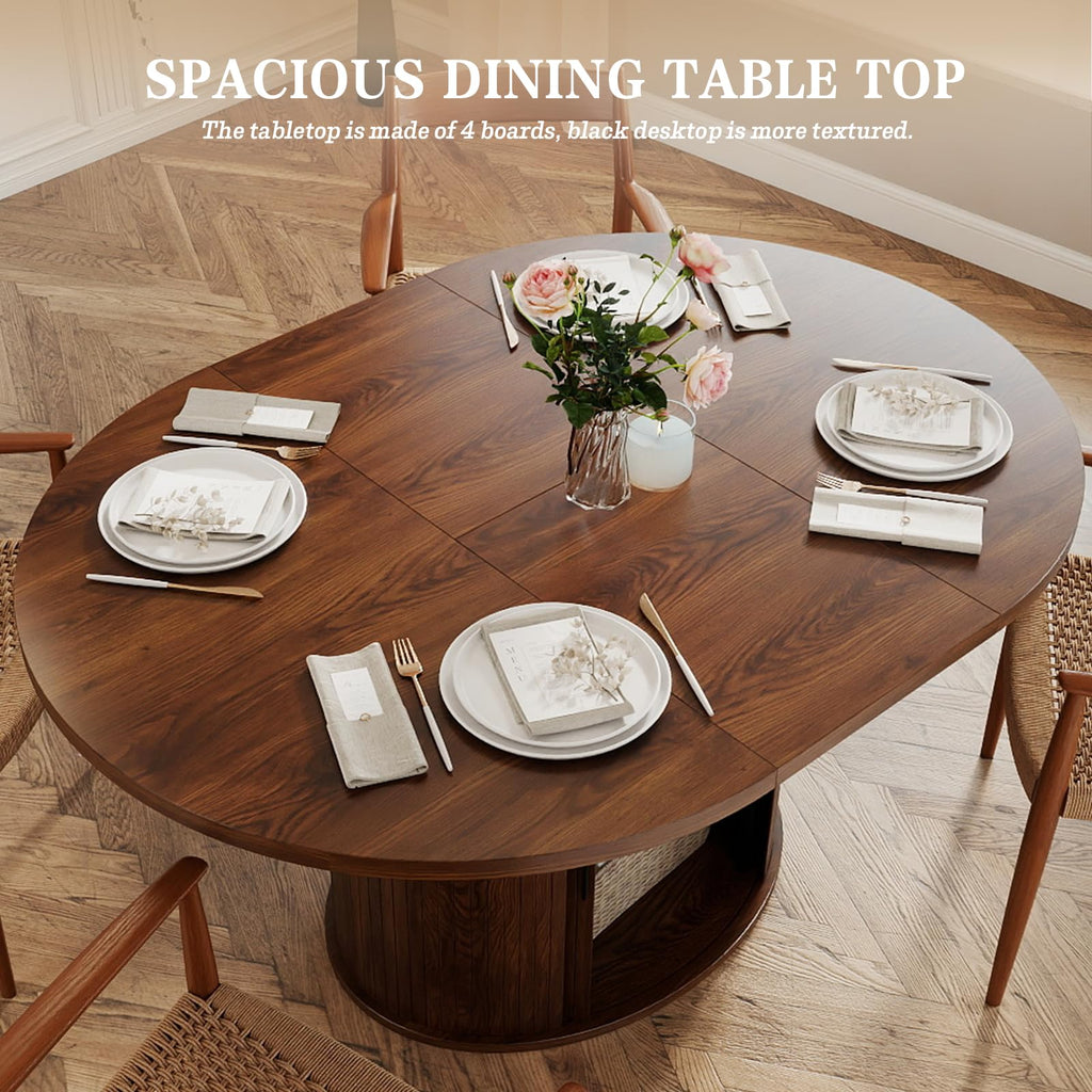 Oval Extendable Dining Table with Storage, 59"Wood Kitchen Table, Brown