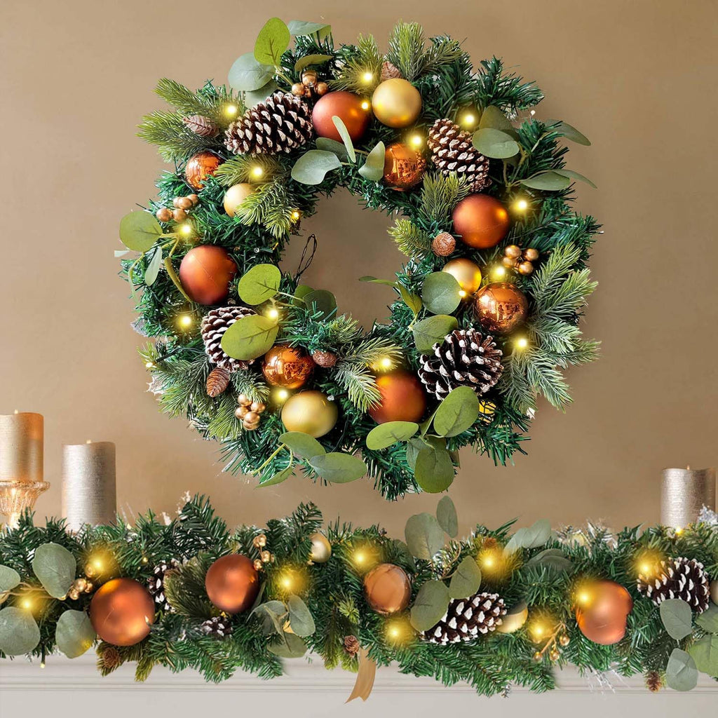 Pre-Lit 20 Inch Copper Gold Christmas Wreath for Front Door
