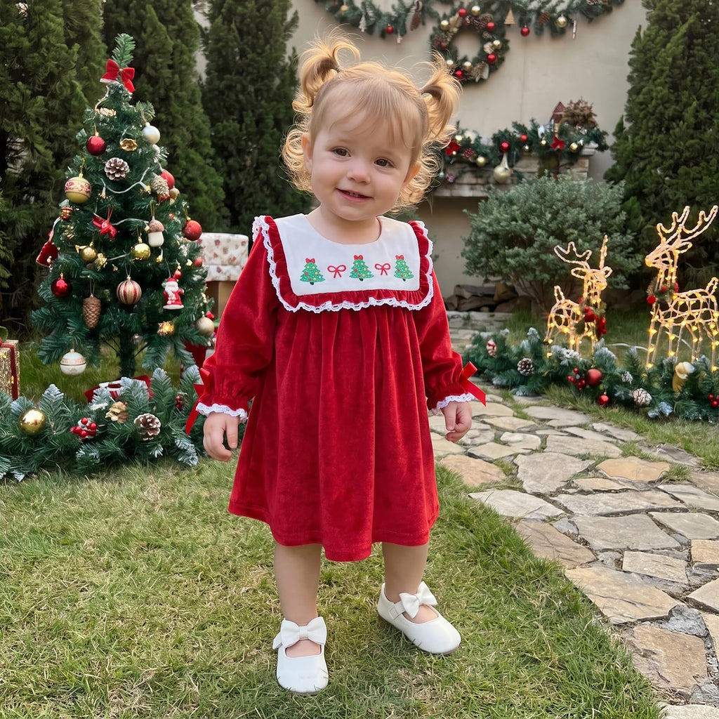 Toddler Baby Girl Christmas Outfit Fall Velvet Long Sleeve Dress (O Christmas Tree Bow Red, )