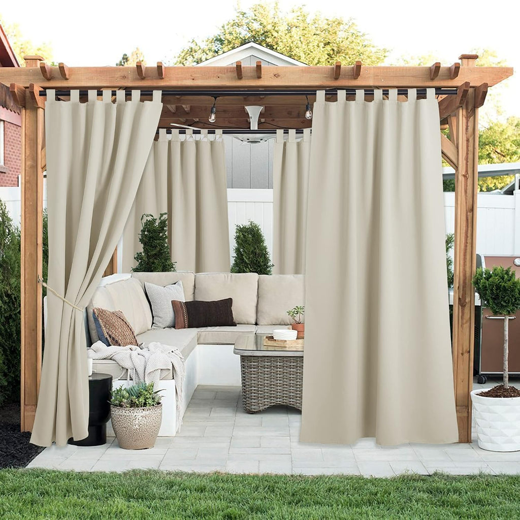 2 Panels Outdoor Patio Curtainss Waterproof Room Darkening Drapes, Detachable Sticky Tab Top Thermal Insulated